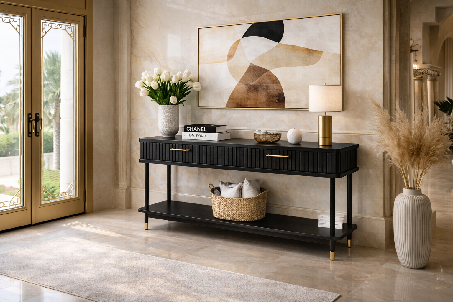 Luxury Black Ribbed Console Table with Gold Accents